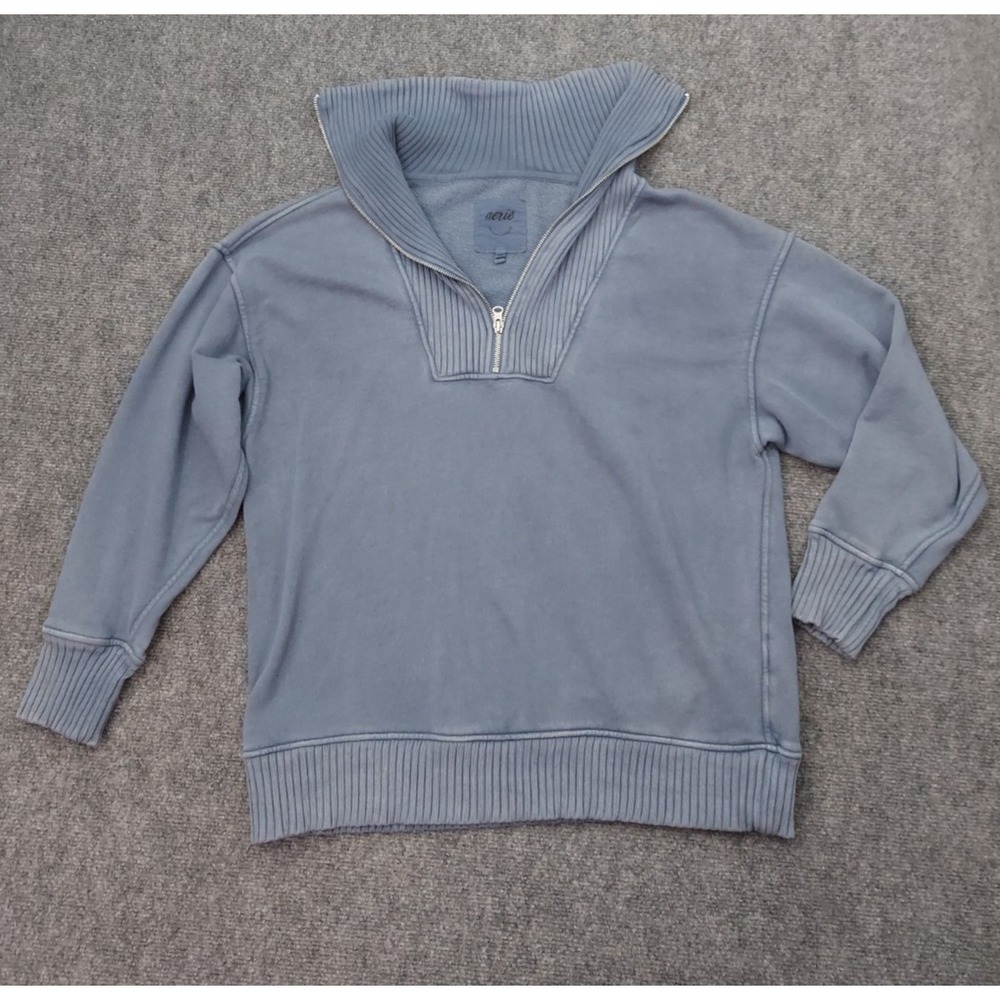 Aerie Pullover‎ Sweatshirt Womens Small Blue 1/4 Zip Cozy Oversized Faded Look